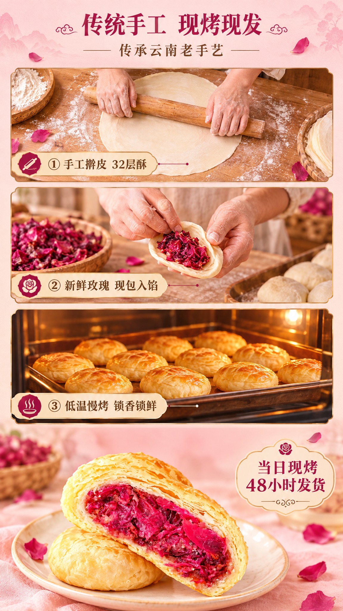 [商品] 使用【图1】云南玫瑰鲜花饼；保留金黄酥皮、玫红色玫瑰… - 图片创意预览