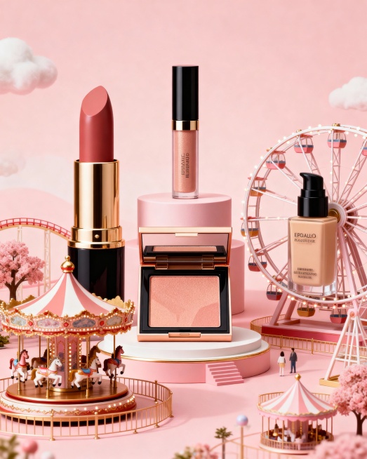 一个充满奇趣与奢华感的化妆品主题游乐园，采用美丽的桃粉色调，正面视角。画面中央是一个醒目的方形修容盘展示台，其后矗立着圆柱形修容产品。中央修容盘的左侧，一个大型口红醒目地置于旋转木马上；右侧，一个粉底预览效果