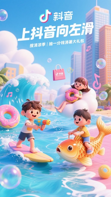 3D卡通风格，充满童趣与夏日清凉氛围的场景。画面中有三位小孩：一个男孩踩在冲浪板上玩水枪，一个女孩躺在云朵上抱着甜甜圈，一个孩童骑在金色锦鲤上。背景是城市，有高楼大厦。场景中还有海浪、带甜甜圈的云朵、预览效果