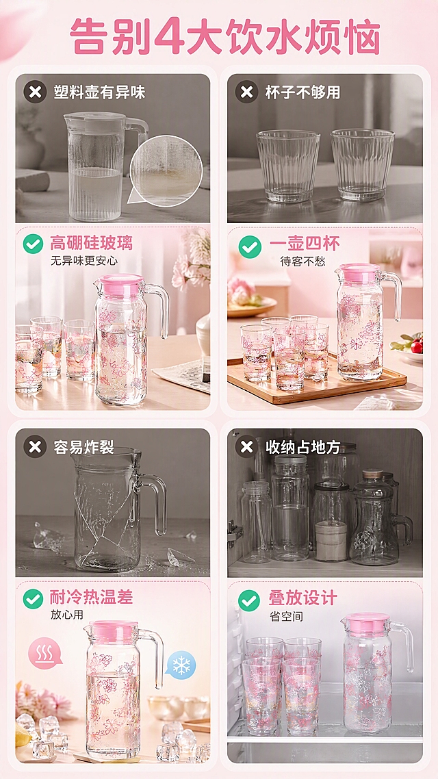 [商品] 使用【图1】樱花玻璃冷水壶套装；保留壶与杯的玻璃材质、粉色樱花花纹、粉色壶盖、把手结构；商品处理：增强玻璃通透感，花纹清晰可见，保持套装完整。
[画面] 目标：痛点解决页，用4格对比展示日常饮水痛点与本套装解决方案。构图：2×2四宫格拼图，每格上半为痛点、下半为解决。景别：每格中景。阅读动线：从左上到右下逐格阅读。前中后景：每格独立小场景，痛点格用偏灰暗调，解决格用明亮粉调。场景：居家厨房与餐桌的日常小场景。
[视觉] 套系策略：风格=清新治愈马卡龙风商业摄影；标题字=圆润圆角黑体；正文字=简洁无衬线体；主色=樱花粉；背景延展=基于樱花粉做深浅层级、同色渐变和细腻雾面粉质质感，搭配浅木色与奶白色；强调色=薄荷绿，仅用于小面积图标、引线和标签；标题色=深樱粉；正文色=暖灰棕；组件=圆角信息卡、对勾/叉号小图标、分割细线；光影=均匀柔暖光。
[文字] 顶部主标题"告别4大饮水烦恼"。四格内容：左上「塑料壶有异味 → 高硼硅玻璃 无异味更安心」，右上「杯子不够用 → 一壶四杯 待客不愁」，左下「容易炸裂 → 耐冷热温差 放心用」，右下「收纳占地方 → 叠放设计 省空间」。每格文字简洁，手机端清晰可读。
[规格] 图片比例9:16竖版，4K，避免变形、错字、文字过小、冷蓝灰主色、产品结构错乱。