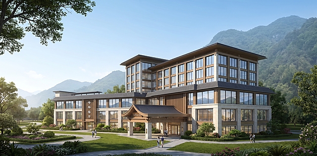 现代中式建筑融合自然山水，3D渲染呈现清新雅致的东方美学，金属与木质元素交织，营造静谧和谐的意境空间。