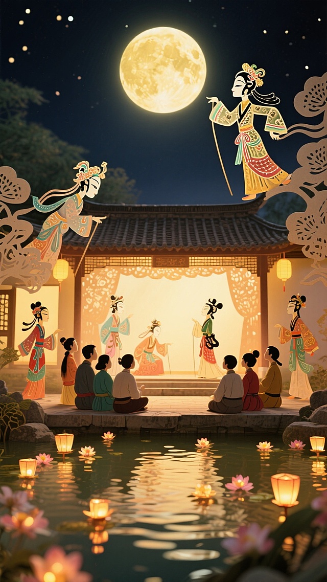 中秋节，庭院里表演着皮影戏，一群人在观看，庭院前面是一片池塘，池塘水面上有很多祈愿小花灯，天上有一轮巨大的圆月 ，月夜喜庆氛围，池塘的画面占比是三分之一。