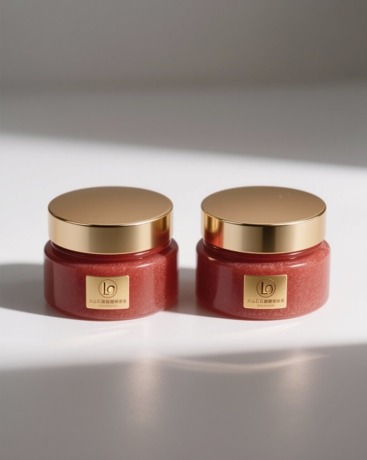 帮我生成1瓶高档红色塑料材质火山石磨砂膏，金色瓶盖，产品贴金色LOGO标签，产品并列摆放正视角度展示，在白色背景预览效果