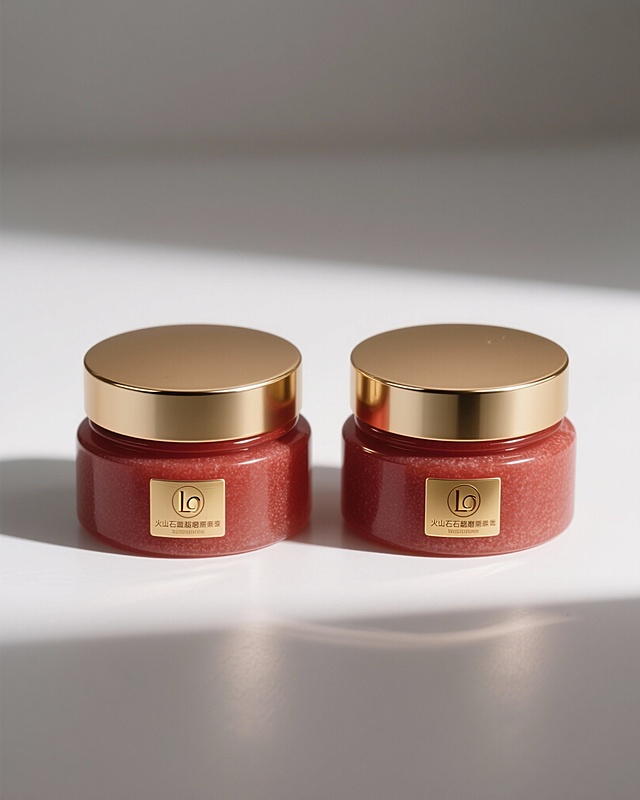 帮我生成1瓶高档红色塑料材质火山石磨砂膏，金色瓶盖，产品贴金色LOGO标签，产品并列摆放正视角度展示，在白色背景