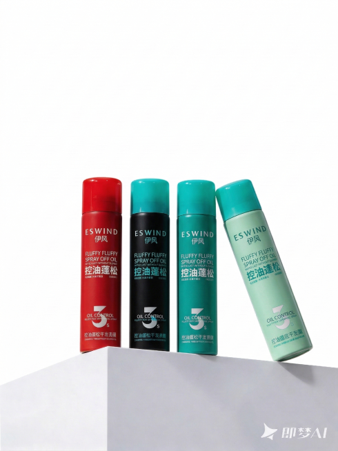 将第二张图里的四瓶干发喷雾产品完全替换为第一张图里的对应四瓶干发喷雾，保留第二张图的白色台面和纯白背景，调整产品光影与场景匹配，保持原图的构图和产品摆放角度预览效果
