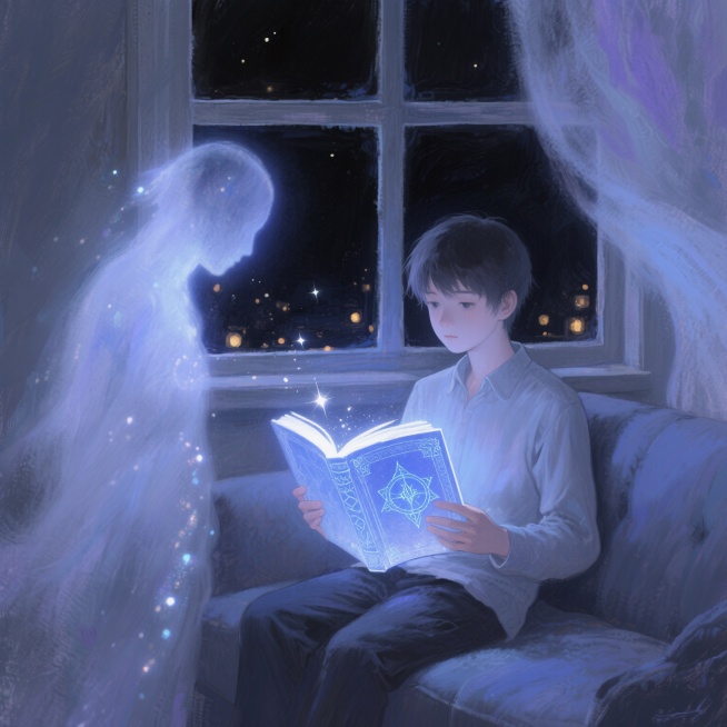 一个孤独的少年坐在昏暗房间的窗边，双手捧着发光的古老书本，书页间浮现出半透明的蓝色魔法符文，少年眼神中带着渴望与脆弱。他身旁的沙发上，一个由星光和雾气构成的、形态模糊的人形生物正温柔地注视着他，生物的预览效果