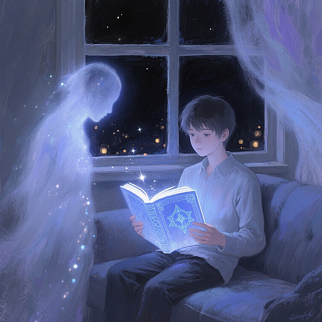 一个孤独的少年坐在昏暗房间的窗边，双手捧着发光的古老书本，书页间浮现出半透明的蓝色魔法符文，少年眼神中带着渴望与脆弱。他身旁的沙发上，一个由星光和雾气构成的、形态模糊的人形生物正温柔地注视着他，生物的轮廓边缘闪烁着微光，背景是窗外漆黑的夜空和零星灯火，整体氛围神秘又带着一丝忧伤，画面色调以深蓝、紫色和灰色为主，光线柔和且具有层次感