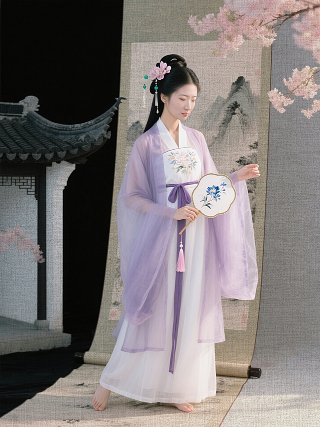 工笔风与水墨风交织，古典中式美学尽显。女子身着淡紫轻纱汉服，手持刺绣团扇，背景山水卷轴与樱花相映，朦胧清透，唯美梦幻，尽展优雅文艺之韵。