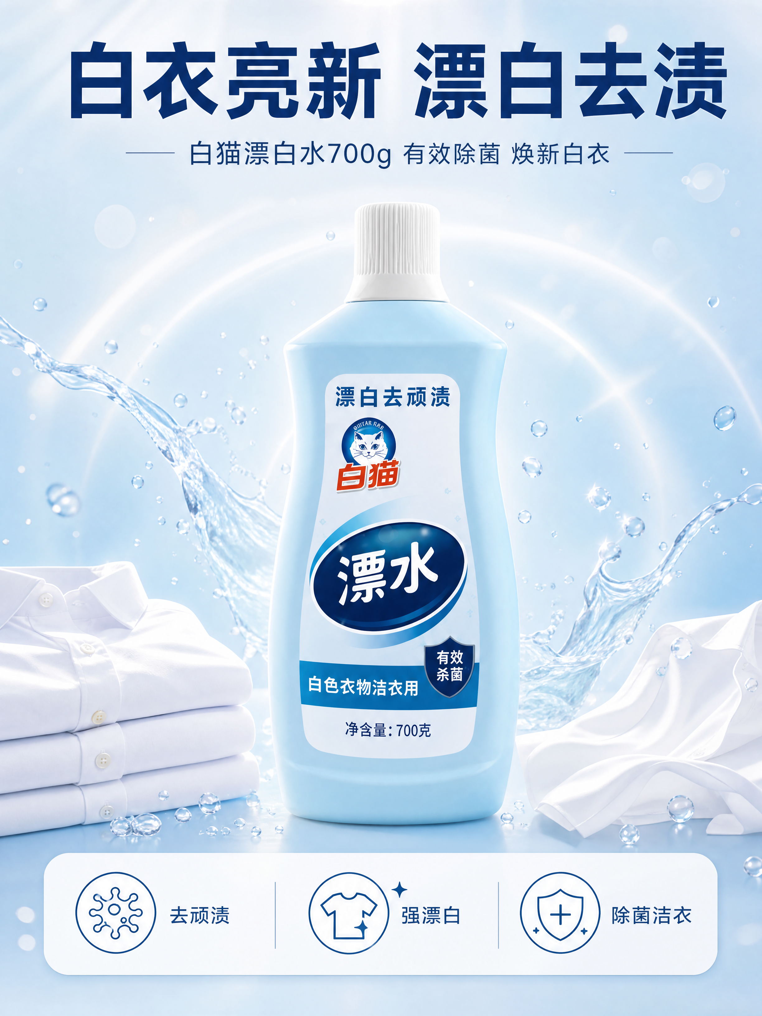 [商品] 使用【图1】白猫漂白水700g产品图；保留浅蓝色瓶身… - 图片创意预览