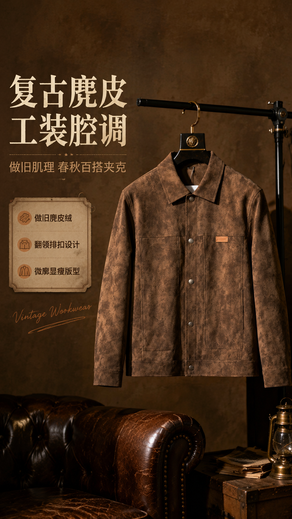 [商品] 使用【图1】咖啡色做旧麂皮绒翻领夹克；商品处理：保留… - 图片创意预览