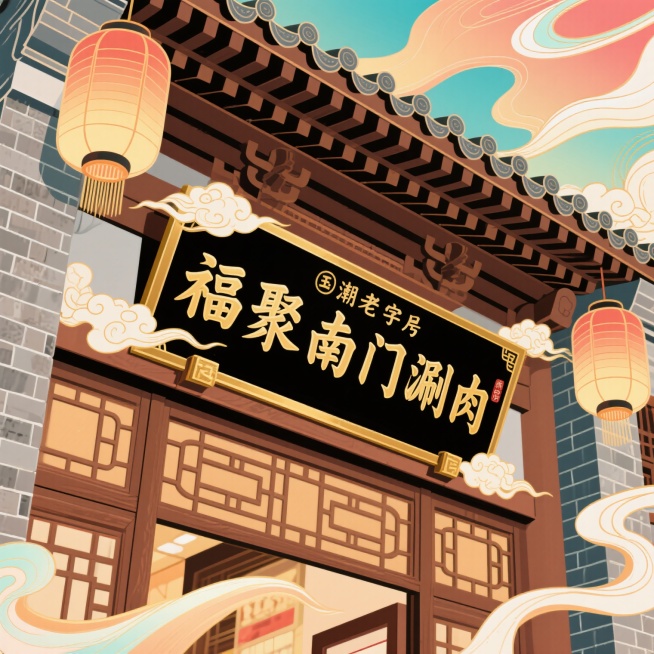 传统老字号风格的店铺招牌，木质牌匾，烫金字体写着“福聚南门涮肉”，周围有祥云和灯笼装饰，背景为古色古香的砖墙预览效果