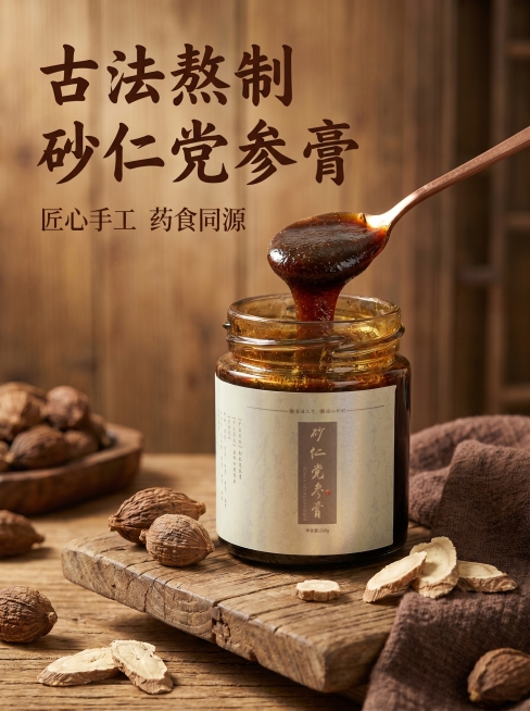 [主图 1] 古法手工砂仁党参膏养生膏方首图。氛围风格：中式复古药食同源养生氛围感，传统手工膏滋质感。画质：商业摄影质感、光线柔和通透、产品清晰真实、画面干净高级，2K分辨率文字清晰可辨。元素：保持砂预览效果
