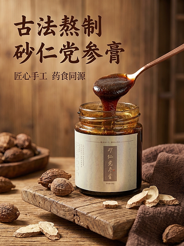 [主图 1] 古法手工砂仁党参膏养生膏方首图。氛围风格：中式复古药食同源养生氛围感，传统手工膏滋质感。画质：商业摄影质感、光线柔和通透、产品清晰真实、画面干净高级，2K分辨率文字清晰可辨。元素：保持砂仁党参膏玻璃罐产品外观（物理结构、材质质感、颜色）与输入产品图绝对一致，杜绝任何变形和色差，精细化处理。玻璃罐居中放置在做旧实木茶台上，周围搭配晒干的砂仁原料和党参切段，用铜勺舀起一勺浓稠膏体展示挂壁质感，深棕麻布衬布点缀，营造传统养生膏滋氛围。商品主体占比约70%，画面满屏无边框。光影：自然侧逆光，突出膏体温润通透光泽，柔和环境光做辅光填充，暖调光影层次分明，暗部清晰有细节。配色：主色调为深棕木质色调，搭配浅米黄背景，整体古朴温润，符合传统膏方调性。视角构图：平视视角，产品完整居中不裁切，景深适中。文字版式：左上负空间左对齐留安全边距，大字文案“古法熬制 砂仁党参膏”，深棕色书法字体，辅助小字“匠心手工 药食同源”放在大字下方，文字清晰不遮挡产品主体。比例分辨率：3:4比例，2K分辨率。负向提示词：变形，水印，文字错乱，产品图模糊，背景杂乱，色差，过度曝光。