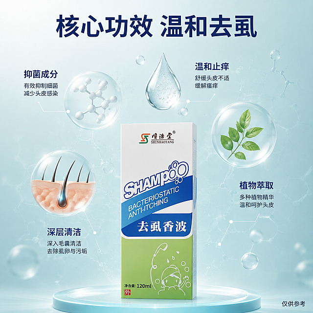[主图-2] 去虱香波核心功效成分解析图
[氛围风格] 科研专业感，清透医学风，成分可视化
[画质] 商业摄影质感、光线柔和通透、画面干净高级，3D渲染质感
[元素] 画面中心偏下位置放置顺浩堂去虱香波产品盒，产品外观与输入产品图完全一致。产品上方悬浮多种3D成分元素：白色抑菌分子球结构、绿色植物提取物叶片、透明水滴状精华液、微观头皮毛囊示意图。各成分元素用细白色引线连接到对应功效说明。背景为浅蓝绿色渐变，带有轻微科技网格纹理，整体干净专业。
[光影] 顶部柔光均匀照射，成分元素有通透发光效果，产品受光均匀，底部柔和阴影
[配色] 主色浅蓝绿色背景；辅色白色分子结构、绿色植物元素；强调色深蓝色文字
[视角构图] 平视略仰视，产品在下成分在上，构图上下分层，视觉中心明确
[文字版式] 顶部大标题"核心功效 温和去虱"粗体深蓝色。各成分旁配说明文字："抑菌成分"、"植物萃取"、"温和止痒"、"深层清洁"，文字为深蓝色无衬线体，大小适中。右下角小字标注"仅供参考"。文字排版错落有致，不遮挡产品主体。
[输出要求] 1:1比例，文字清晰锐利，超高清商业摄影质感
[负向提示词] 变形，文字错乱，产品图模糊，背景杂乱，水印，电商平台Logo，多余的手，畸形手