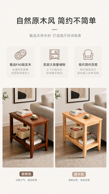 [第2屏] FAS级实木双层边几产品设计美学与核心卖点展示页。简约干净排版风，低饱和度配色，高级轻商务质感。上方文案区，下方并排展示胡桃色参考图3和原木色参考图5两款产品小场景图，两款产品大小一致左右预览效果