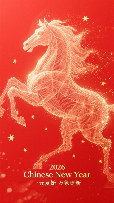 抽象现代新年海报，极简风格，梦幻粒子构成的抽象骏马到顶部呈虚化，周围散布几颗细小的金色小星星。背景纯红色，简洁大气。风格：扁平化、现代感、色彩对比强烈。整体：新年主题海报，抽象粒子艺术表现形式，喜庆且预览效果