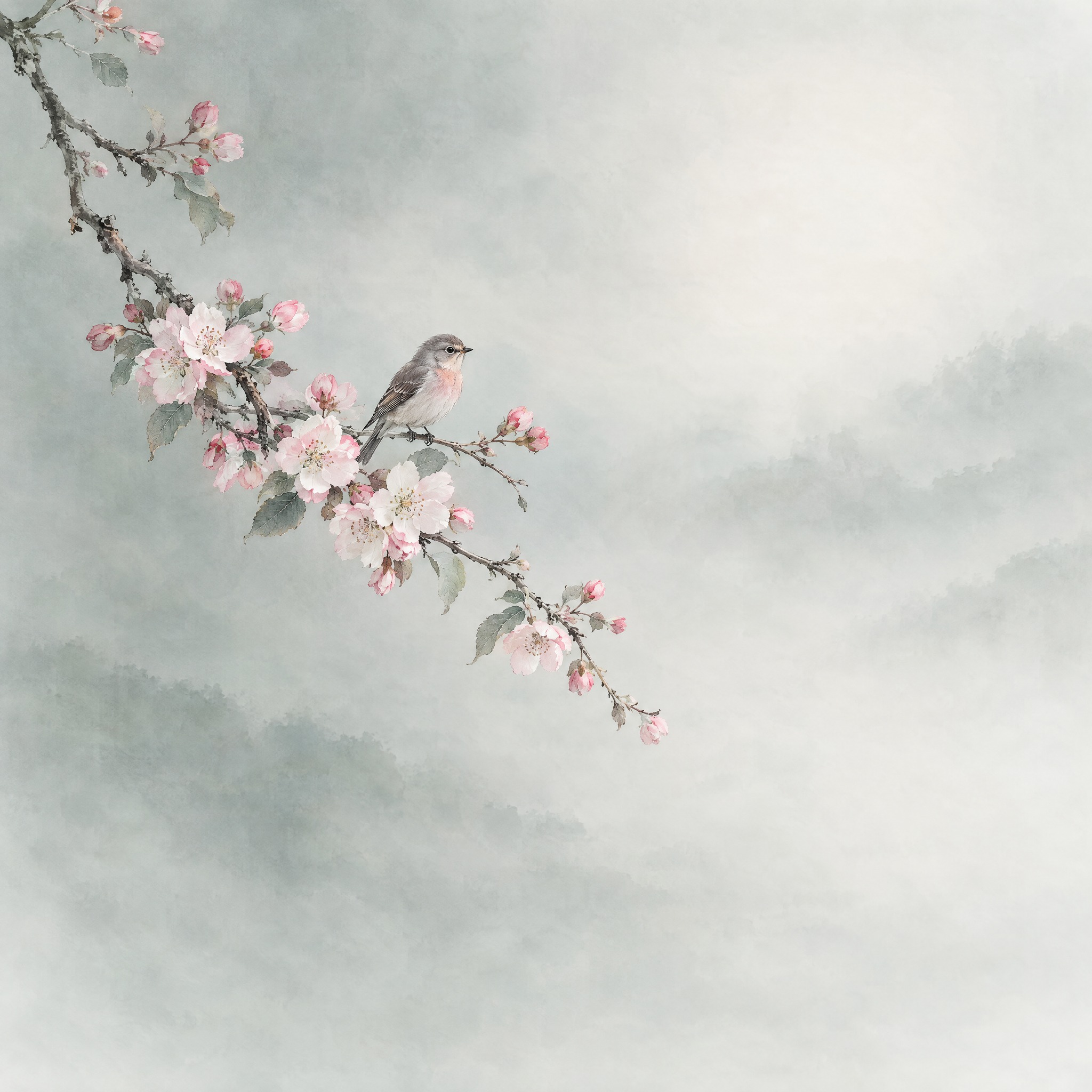 极简东方美学微信头像，一枝淡粉色海棠花斜出画面，一只小鸟栖息枝… - 图片创意预览