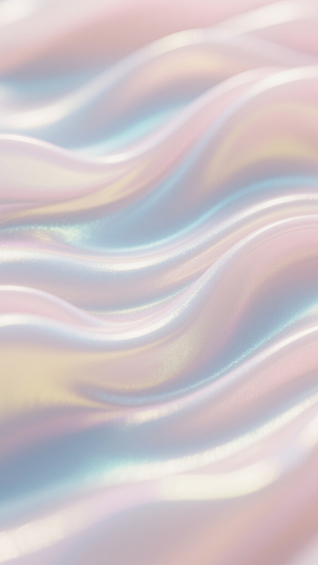 柔和流动的波浪状纹理，以粉白色为基调，融合淡蓝色和淡黄色的渐变色彩，呈现出细腻温润的珠光质感，整体画面轻盈通透，带有柔和的光泽感和丝绸般的顺滑触感，色彩过渡自然，光影柔和，营造出宁静梦幻的氛围。