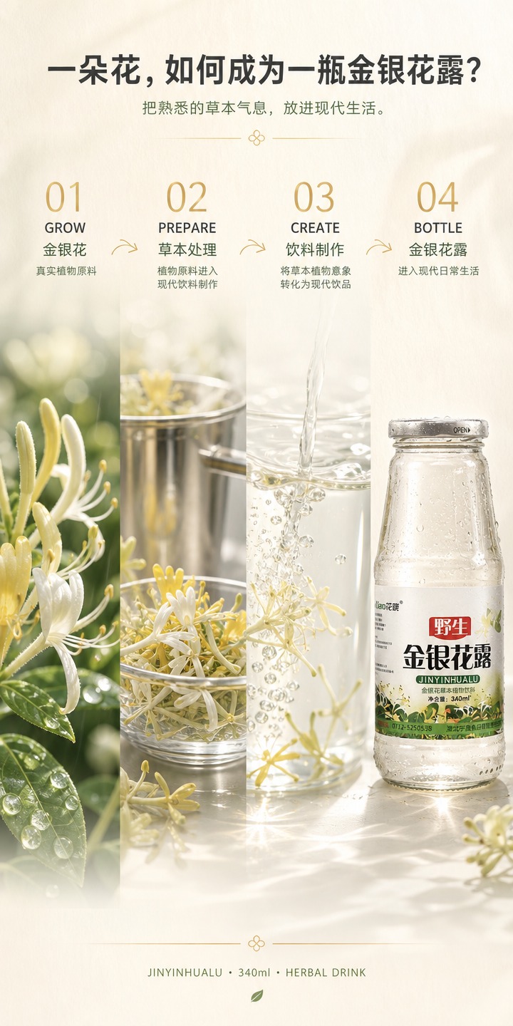 [商品] 使用【图1】野生金银花露玻璃瓶产品图；严格保留：透明… - 图片创意预览
