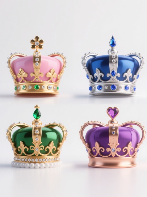 3D渲染风格的四个不同样式与配色的王冠，以白色为纯净背景，呈整齐排列状态。第一个王冠主体为粉色，搭配金色装饰，顶部有四叶花形钻石装饰，边缘镶嵌圆形钻石；第二个王冠采用蓝色主体，银色镶边，顶部为尖顶设计，周身点缀蓝宝石；第三个王冠为绿色主体，金色花纹缠绕，顶部有水滴形绿宝石，底部一圈小钻石；第四个王冠是紫色主体，玫瑰金勾勒线条，顶部为心形宝石，两侧有对称卷曲花纹，所有王冠均具有金属光泽和宝石的璀……预览效果
