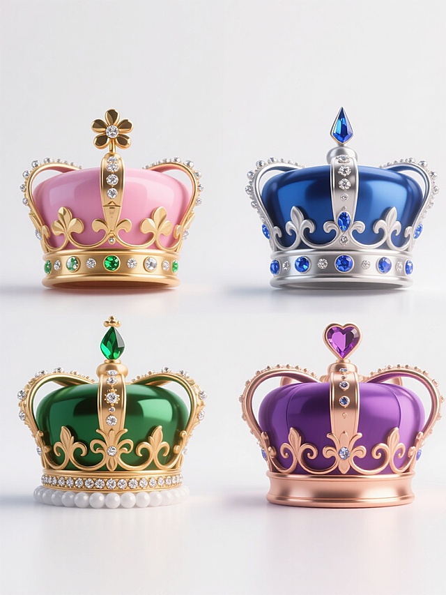 3D渲染风格的四个不同样式与配色的王冠，以白色为纯净背景，呈整齐排列状态。第一个王冠主体为粉色，搭配金色装饰，顶部有四叶花形钻石装饰，边缘镶嵌圆形钻石；第二个王冠采用蓝色主体，银色镶边，顶部为尖顶设计，周身点缀蓝宝石；第三个王冠为绿色主体，金色花纹缠绕，顶部有水滴形绿宝石，底部一圈小钻石；第四个王冠是紫色主体，玫瑰金勾勒线条，顶部为心形宝石，两侧有对称卷曲花纹，所有王冠均具有金属光泽和宝石的璀璨质感，光影效果突出，立体感强，整体呈现华丽、高贵的氛围。