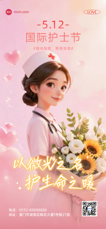 国际护士节医护群体致敬宣传粉萌治愈风朋友圈全屏竖版海报预览效果