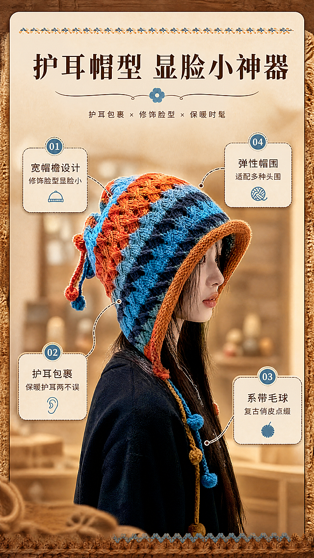 [商品] 使用【图2】蓝橙款侧面佩戴图；商品处理：保留护耳帽型、帽檐弧度、系带毛球、钩花纹理、颜色和针织材质；自然理顺帽型，增强针织纹理质感，不改变版型和结构。
[画面] 目标：版型解析页，标注护耳帽结构与显脸小优势；构图：中间侧面模特佩戴大图，四周引线标注结构点；主体占画面60%；景别：侧面半身；阅读动线：从中间产品向四周扩散阅读；前中后景：前景浅暖棕虚化、中景模特与帽子主体+引线标注、后景暖调室内场景虚化。
[视觉] 套系策略：风格=复古文艺秋冬商业摄影；标题字=复古衬线粗体；正文字=简洁无衬线体；主色=暖橘棕；背景延展=基于暖橘棕做深浅层级、同色渐变和细腻针织织物/木纹质感；强调色=湖蓝色，仅用于小面积图标、引线和标签；标题色=深棕褐；正文色=暖灰棕；组件=圆角米白信息卡、细棕线引线、针织纹理装饰边；光影=侧前暖柔光，勾勒帽型轮廓。
[文字] 顶部主标题"护耳帽型 显脸小神器"；引线标注4处：①「宽帽檐设计」修饰脸型显脸小 ②「护耳包裹」保暖护耳两不误 ③「系带毛球」复古俏皮点缀 ④「弹性帽围」适配多种头围；文字横排，标签式短文案，不遮挡主体。
[规格] 图片比例9:16竖版，4K，medium，避免变形、错字、文字过小、冷蓝背景、帽子颜色改变、版型失真、极限词。
