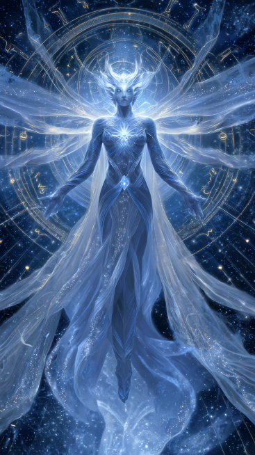 Ethereal sacred form with metallic silver skin (faint celestial patterns like star trails), glowing预览效果