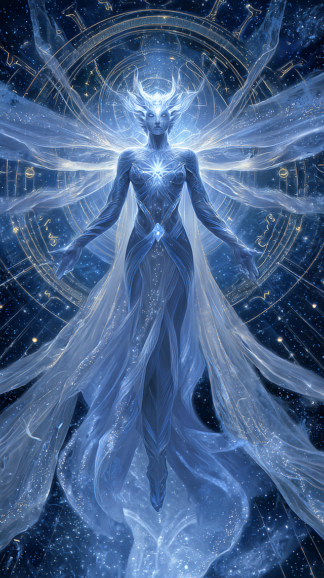 Ethereal sacred form with metallic silver skin (faint celestial patterns like star trails), glowing blue geometric runes etched across the chest and arms; luminous eyes like twin blue supernovas, form surrounded by a soft aura of golden light; flowing sheer fabric in ivory and deep blue (lightweight, with ripples like cosmic waves), adorned with tiny glowing crystals; background of dark space with scattered star clusters and radiating blue light beams, circular glowing symbols rotating gently; symbolist digital painting, transcendental and grand, soft yet dramatic lighting, hyper-detailed metallic sheen and fabric movement, 4K wallpaper, sacred cosmic atmosphere