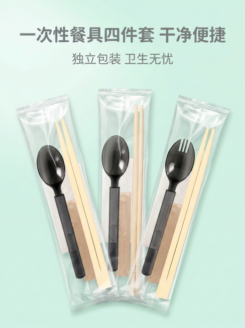 一次性筷子四件套电商主图，小清新风格，浅薄荷绿渐变背景，产品居中展示，主标题“一次性餐具四件套 干净便捷”，副标题“独立包装 卫生无忧”，字体用圆体，整体清爽干净，突出产品独立包装的特点预览效果