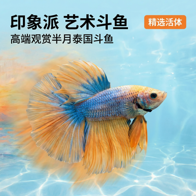 [主图 1 重新生成] 点击率首图，主题：梵高莫奈风泰国半月斗鱼展示，氛围风格：融合梵高向日葵浓烈色彩与莫奈日出印象朦胧光影，艺术氛围感水族箱场景，画面元素：原图片中的泰国半月斗鱼（保持外观100%不预览效果