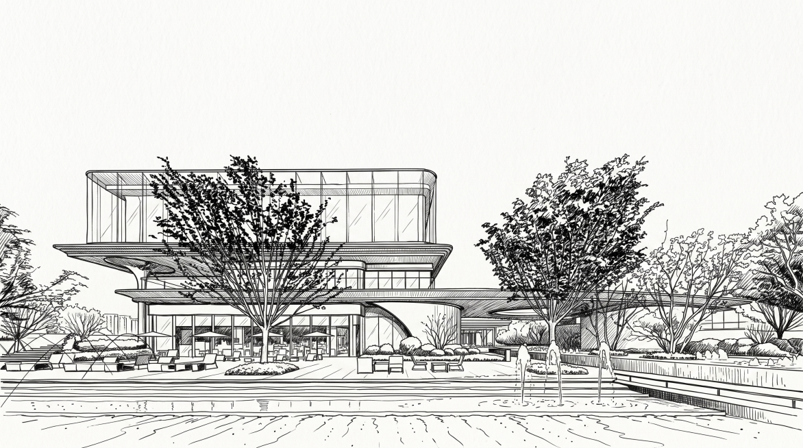 参考图一手绘建筑风格，将图二中的现代建筑改成黑色线条手绘，保留建筑结构，使用干净的白色背景，只保留黑色的建筑线条和绿植线条，保持图二的构图和内容预览效果