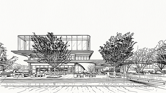 参考图一手绘建筑风格，将图二中的现代建筑改成黑色线条手绘，保留建筑结构，使用干净的白色背景，只保留黑色的建筑线条和绿植线条，保持图二的构图和内容
