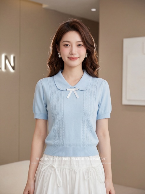 参考图中的服装，生成4K超高清商业带货图文，25岁年轻东亚甜妹，精致五官小鹿眼自然腮红，温柔微笑，棕色大波浪卷发，珍珠耳饰，皮肤白皙通透，小姐姐半身穿着图中的浅蓝色娃娃领蝴蝶结针织短袖搭配白色绑带花苞预览效果