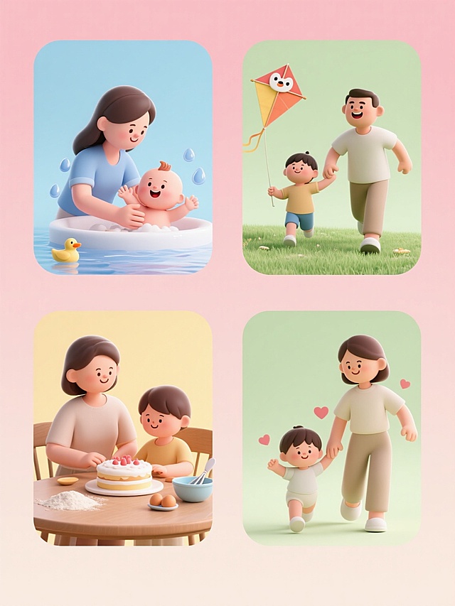 系列母婴亲子插画，4个不同场景的规整排布组合，每个场景均为柔和纯色背景，整体采用温暖治愈的3D立体风格，柔和渐变色彩，细腻光影处理，平滑圆润的造型边缘，可爱的卡通人物设计。第一个场景：母亲温柔地给婴儿洗澡，婴儿在水中开心地挥舞小手，周围有水滴和小鸭子元素，背景为淡蓝色；第二个场景：父亲和孩子在草地上放风筝，风筝是可爱的动物形状，两人面带笑容奔跑，背景为淡绿色；第三个场景：父母和孩子围坐在餐桌旁一起做蛋糕，桌上有面粉、鸡蛋和搅拌碗，充满温馨的家庭氛围，背景为淡黄色；第四个场景：孩子在母亲的陪伴下学习走路，母亲伸出双手引导，孩子迈出稚嫩的步伐，周围有鼓励的爱心元素，背景为淡粉色。所有场景中的人物穿着简约舒适的服装，线条流畅，色彩和谐统一，整体画面传达出温馨、幸福、充满爱的亲子情感。