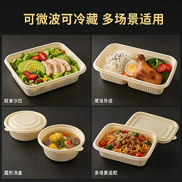 [主图-4] 餐盒多场景适配展示主图
[氛围风格] 延续深底简约风格，整体风格统一
[画质] 商业摄影质感、光线柔和通透、产品清晰真实、画面干净高级
[元素] 宫格布局展示餐盒不同使用场景，分别装入轻食沙拉、美式便当、圆形汤品，保持餐盒颜色材质与原图产品一致，餐盒盛放食物真实自然，画面干净不拥挤，每个场景配简单名称标注
[光影] 每个宫格内光影统一，从左上方打光，食物和餐盒都有自然明暗投影
[配色] 深灰背景，宫格干净留白，餐盒米原色，食物自然色彩，文字白色点缀
[视角构图] 四格宫格排版，每个场景视角适配，整体平衡统一
[文字版式] 顶部大字主标题："可微波可冷藏 多场景适用"，暖黄色；每个宫格左下角标注对应场景名称如"轻食沙拉""便当外送""圆形汤盒"，小字号白色清晰可辨
[比例分辨率] 1:1比例，4K分辨率，文字清晰可辨
[负向提示词] 变形，水印，文字错乱，产品图模糊，背景杂乱