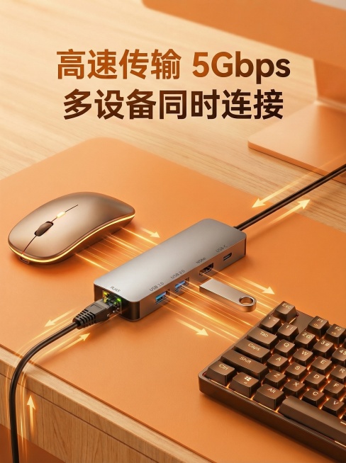 修改这张图，将拓展坞RJ45网口处插入的数据线改为正确的网线，保持其他元素不变，保持高端简约暖橙色风格，3:4比例，商品展示效果不变预览效果