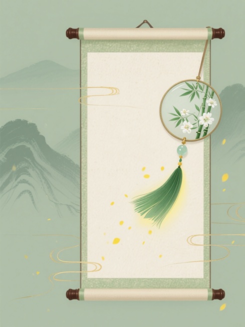中国传统水墨风格画卷，画卷主体为浅米色宣纸材质，卷轴为深棕色木质，边缘有浅绿色装饰条。画卷左侧悬挂一个圆形玉佩，玉佩内绘有淡雅的绿色竹叶和白色花朵图案，玉佩下方垂落一片翠绿竹叶，竹叶周围有黄色光晕和细小的黄色光点飘散。背景是淡绿色的远山剪影，采用写意手法，线条柔和流畅。画面中点缀着几条金色的曲线装饰，增强画面的灵动性和层次感。整体色调以米白、浅绿、深棕、金色为主，营造出清新雅致、古色古香的氛围……预览效果