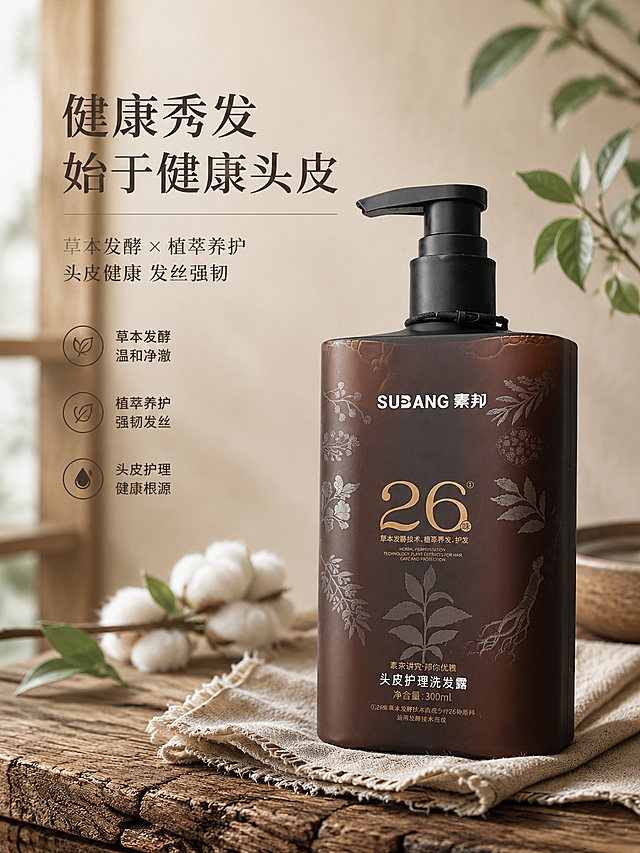 保留产品和瓶身原有文字不变，适合新媒体传播的海报，主题“健康秀发始于健康头皮”，原木主义风格，产品放在风化老木桌面上，搭配棉麻餐布，日系原木风，干净质朴