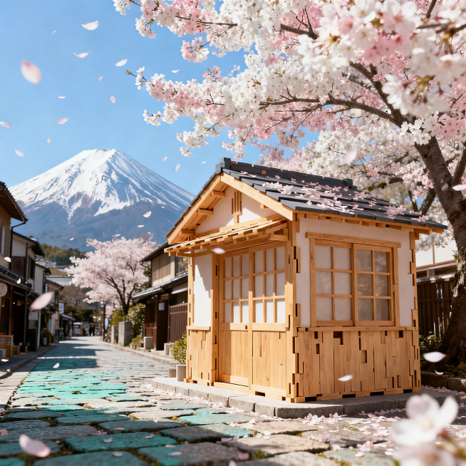 电商主图，主体是日式木质拼装小屋，春日日式街角，粉白樱花树满开，花瓣随风飘落，青石板街道，远处富士山清晰可见，暖调春日阳光，治愈清新风格，画面中无人物，无文字预览效果