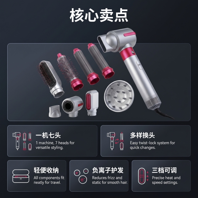 [主图 2] 七合一卷发热风直发棒多卖点功能展示。
[氛围风格] 未来科技风，科技冷感，理性高级，整体风格和光影与第一张保持完全统一。
[画质] 商业C4D渲染质感，Octane物理级超写实渲染，光线预览效果