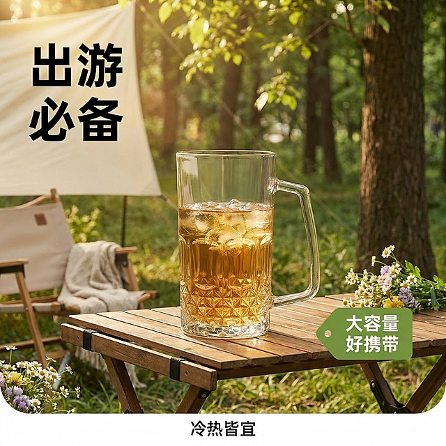 [垫图] https://gdesign-dam-hz.dancf.com/35831893036476462/99b76e8c6df54b60a54f03c9f8a7614a.jpg
[主图主题] 菱形刻花玻璃把手杯 野外出游露营场景主图
[氛围/风格] 自然清新户外氛围，黄金时刻暖调阳光，通透自然光影
[画面元素] 玻璃把手杯（外观与原图完全一致）放在露营木质折叠桌上，杯中盛着凉茶，背景是青草地树林和露营天幕，暖金色阳光透过树叶洒下斑驳光影，突出玻璃通透质感，周围搭配露营折叠椅和小束野花，营造惬意自然的野外出游氛围，产品居中清晰展示，背景铺满全屏无边框
[配色色系] 主色调：玻璃透明，茶水浅棕；辅助色：草地绿色，木纹棕色，天幕米白色
[视角构图] 正面平视，黄金分割构图，背景柔和虚化
[文字版式] 左上角加粗黑色主标题 "出游必备"，右下角绿色标签 "大容量 好携带"，底部小字标注 "冷热皆宜"，整体悬浮排版，不遮挡产品主体，字体简洁现代，层次分明