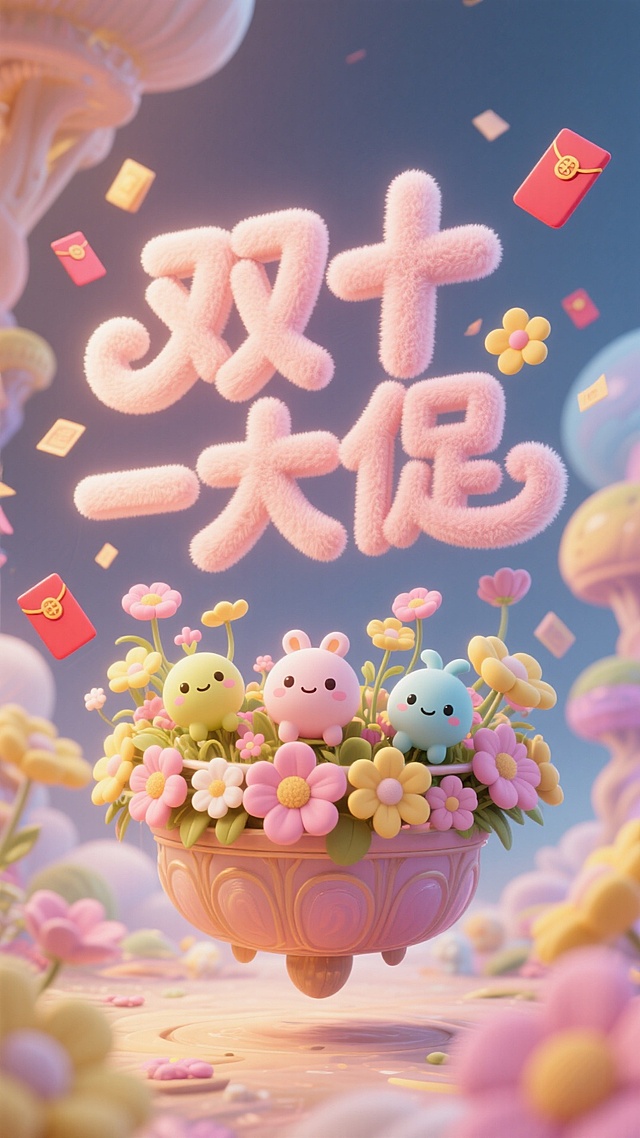 卡通主角为核心主体，周围环绕着造型 Q 萌的小生物以及装饰有花朵等元素的奇幻容器。标题“双十一大促”文字具有立体、醒目效果。采用 3D 卡通渲染风格，画面呈现出治愈、温馨的氛围，类似经典萌系动画的视觉效果。以粉色、暖黄色等明亮、柔和的暖色调为主，营造出温暖欢快的色彩氛围。空中有飘落的红包元素，为画面增添活泼与惊喜感，各类元素的材质都带有柔软、蓬松的质感表现。