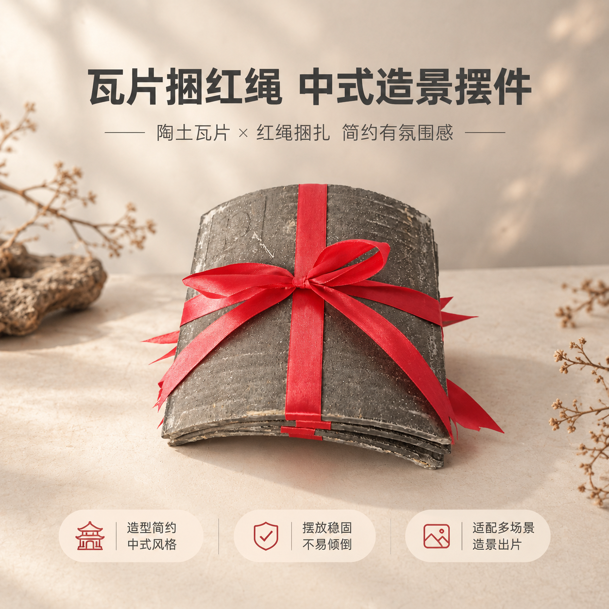 [商品] 使用【图1】瓦片捆红绳造景摆件；保留陶土瓦片的弧形结… - 图片创意预览