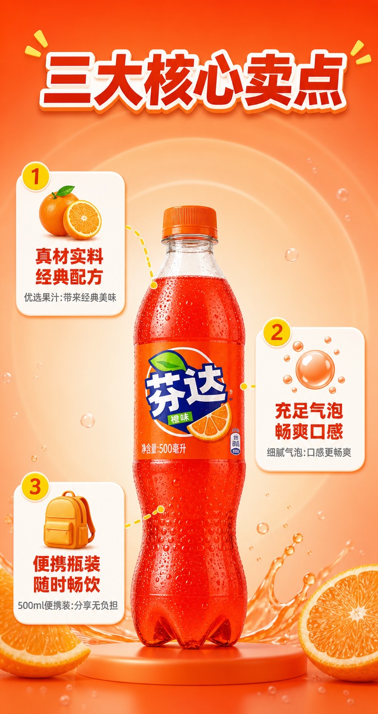 [商品] 芬达可乐500ml瓶装碳酸饮料，经典橙红色瓶身，保留… - 图片创意预览