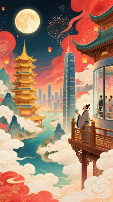 一侧，古代木质观景台，古代文人聚此，举着酒樽、凭栏望圆月、山河；另一侧，现代摩天楼高空观景舱，现代游客透过全景玻璃，赏烟花，背景古楼阁与城市高楼相融合，明月照。整体画面充斥着华丽的金色和喜庆的红色，奇预览效果