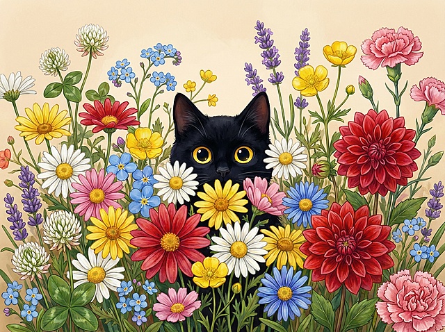 画面中间是一只卡通黑色的猫，眼睛是明亮的黄色，猫咪在花丛中探出头，身体下半部分被花朵遮挡。猫咪被一片野花花海环绕，包含多种色彩鲜艳的花卉：各色雏菊（白、黄、粉、红、蓝）、红色大丽花、黄色毛茛、紫色薰衣草、蓝色勿忘我、白色三叶草、粉色石竹等。花卉高低错落，层次丰富，叶片与茎干细节清晰，营造出自然野趣的花园氛围。背景是柔和的浅米色。风格为水彩/油画质感，融合现代数字绘画技术的艺术插画，光泽细腻呈现，整体画面层次丰富，高清晰度，高清画质，高分辨率，高度详细，细节丰富、色彩鲜艳，整体色彩饱和度高