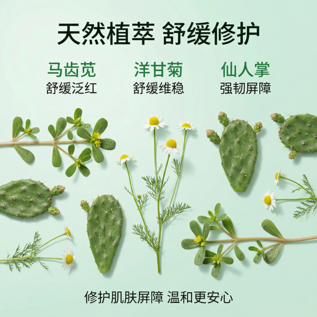[主图 3] 天然植萃成分卖点图（无产品）
[氛围/风格] 天然纯净清新风格，柔和自然光感
[画面元素] 商业摄影质感，画面干净自然，浅薄荷绿渐变柔和背景，画面中展示真实的马齿苋、洋甘菊、仙人掌三种原预览效果