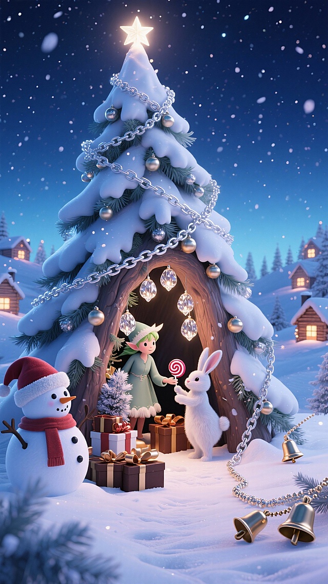 覆雪缠银链的巨型圣诞树立体场景：内部树洞空间里，雪精灵正给小兔递糖果，水晶灯绕松枝、旁堆巧克力礼盒；外部左侧雪人戴圣诞帽，右侧散落铃铛串。背景墨蓝渐变夜空飘亮片雪，远处亮灯小木屋错落。