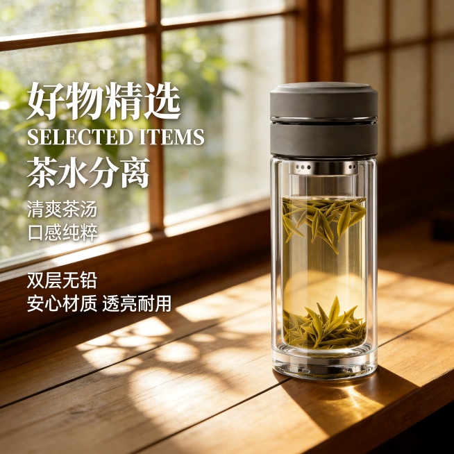 将玻璃杯整体高度拉长10%，保持盖子颜色不变，将图2左侧的文字介绍好物精选 SELECTED ITEMS 茶水分离 清爽茶汤 口感纯粹 双层无铅 安心材质 透亮耐用复制到本图左侧，自动排版美观，保持原预览效果
